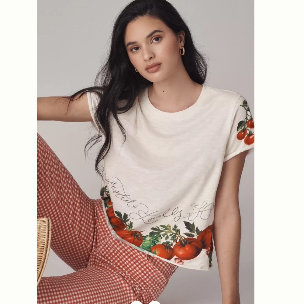 Anthro Maeve Short-Sleeve Boxy Tee Tomato Print Fun XS